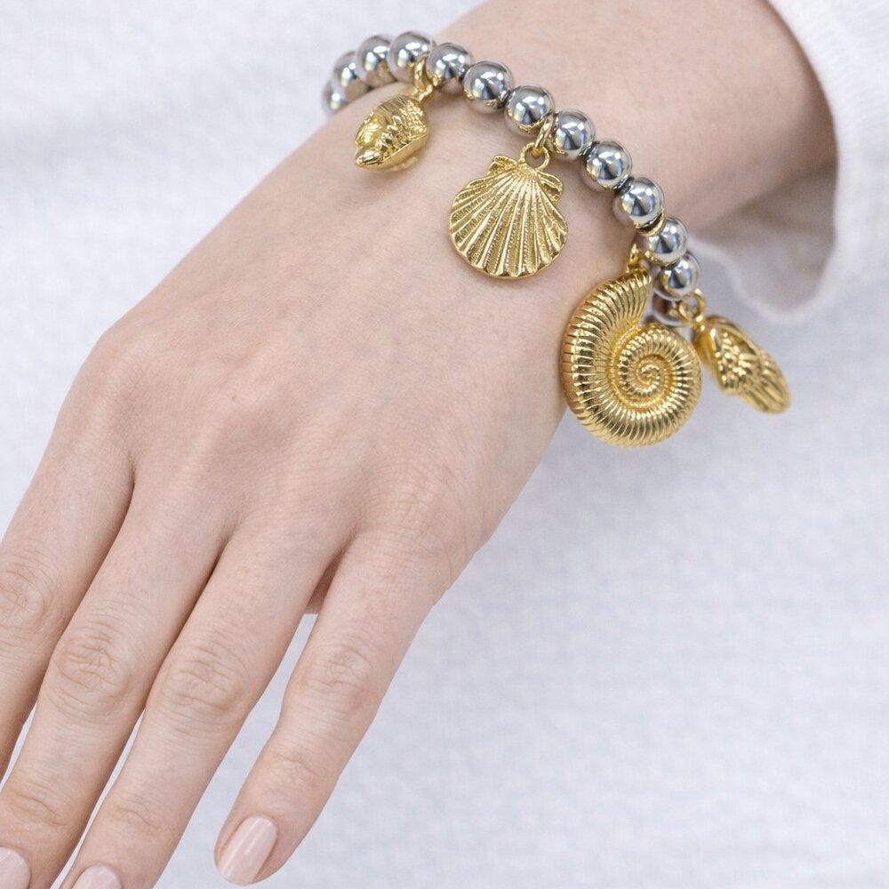 18K Gold Plated Copper Seashell and Fish Charm Bracelet